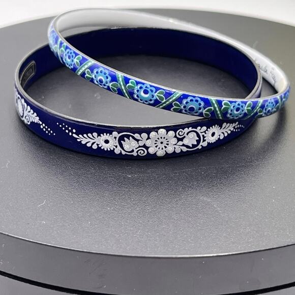 Vintage Michaela Frey Wiener Emailmanufaktur Blue Floral Enamel Bangle Set - Picture 2 of 8